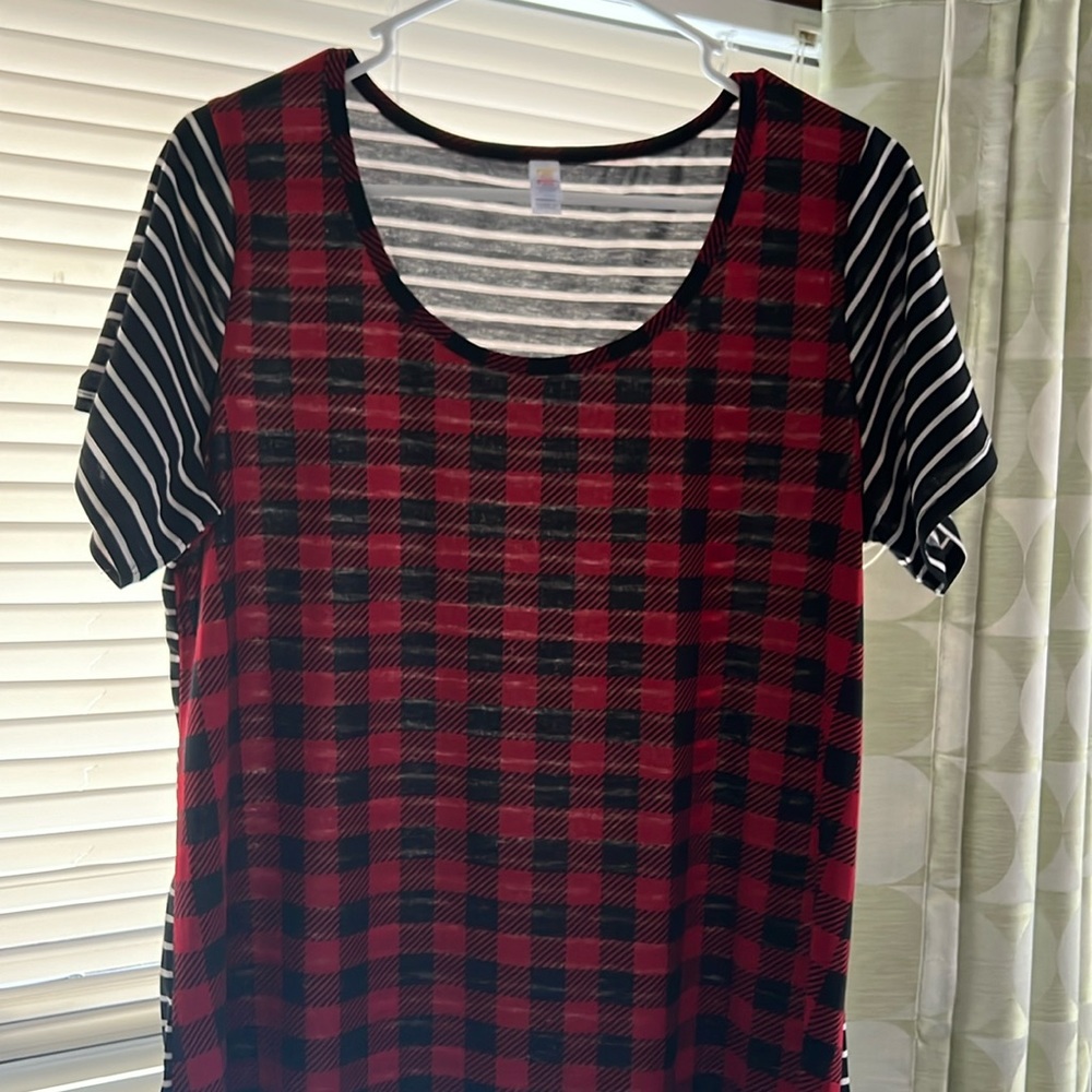 Lularoe classic t size large, buffalo plaid front striped back